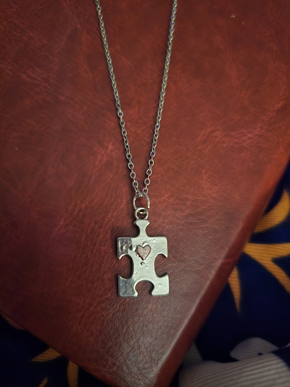 Autism Acceptance And Awareness Silver Puzzle Piece Necklace with Heart Accent